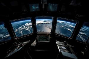 se från de fönster av de rymdskepp till planet jorden, generativ ai. foto