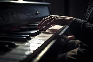 musiker händer på piano tangentbord. klassisk musik instrument. generativ ai foto