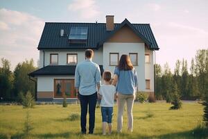 Lycklig familj står i främre av deras ny Hem. generativ ai foto