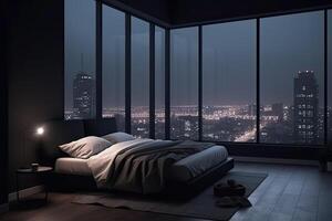 stor säng i levande rum med natt stad se i fönster. generativ ai foto