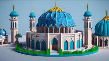 en modell av en moské med blå och gul mönster. ai genererad foto