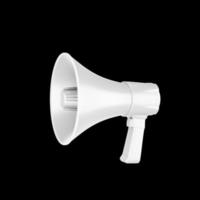 högtalare eller megafon horn vit är en simulerad underrättelse högtalare ikon. visar en 3d illustration på en svart bakgrund. foto