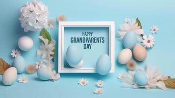 Lycklig farföräldrar dag påsk inbjudan med ägg och daisy på en blå bakgrund. generativ ai foto