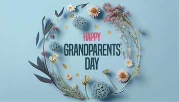 Lycklig farföräldrar dag ram av kamomill, grenar, löv och lila kronblad. generativ ai foto