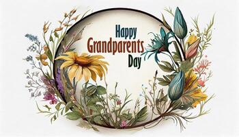 Lycklig farföräldrar dag runda ram med vattenfärg vilda blommor. generativ ai foto