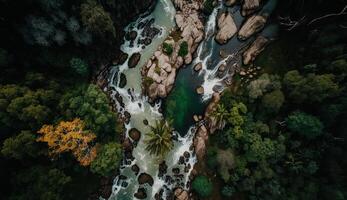 antenn topp se av friska grön berg med vattenfall och flod, yta av fjäll, grönska scen, färsk luft och miljö, överflöd av naturlig Resurser generativ ai. foto