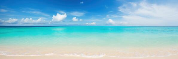 panorama tropisk hav och sandig strand med blå himmel baner. generativ ai foto