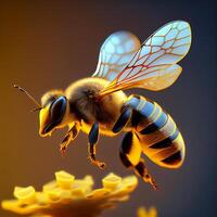honung bi flyga i de trädgård med blomma och nektar ai generativ foto