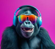 stänga upp porträtt av gorilla bär glasögon och headset, trevlig leende uttryck, lyssnande till musik begrepp lyckligt, på lila bakgrund. generativ ai foto