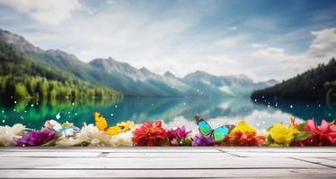 tömma trä- tabell dekorerad med färgrik blommor. suddig sjö och berg se bakgrund. kopia Plats. för produkt visas. mallar, media, utskrift, etc., generera ai foto