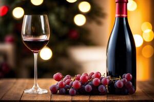 glas av röd vin och vindruvor på en trä- bord.flaska och glas av röd vin med vindruvor. generativ ai foto