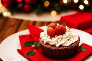 jul kaka med vispad grädde och färsk bär på en trä- tabell. utsökt pudding med hallon sås. generativ ai foto