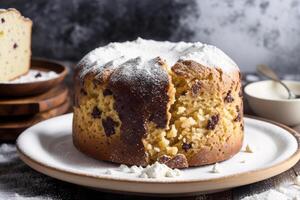 jul kaka med russin och pulveriserad socker. panettone kaka med russin och glasyr socker. generativ ai foto