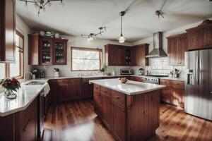 kök interiör med trä- skåp och kök ö. generativ ai foto