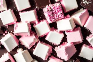 ett sortiment av färgrik godis, choklad, barer och choklad bitar, ljuv mat. stänga upp av färgrik marshmallows. generativ ai foto