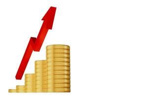 guld mynt med röd pil isolerat vit bakgrund med kopia Plats 3d tolkning illustration foto