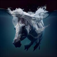häst simning under vattnet i blå vatten. 3d framställa illustration., ai generativ bild foto