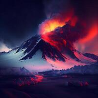 vulkanisk utbrott med lava i de förgrund, 3d illustration, ai generativ bild foto