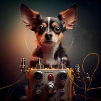 chihuahua hund med en avlägsen kontrollera och kablar på en mörk bakgrund, ai generativ bild foto