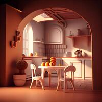 3d framställa av modern kök interiör design i scandinavian stil, ai generativ bild foto