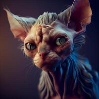 porträtt av en sphynx katt med blå ögon på en mörk bakgrund., ai generativ bild foto