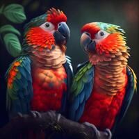 färgrik ara papegojor Sammanträde på en gren i de skog, ai generativ bild foto