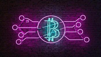 neonlampa med bitcoin-logotyp upplyst blått och rosa på tegelvägg. 3d-rendering foto