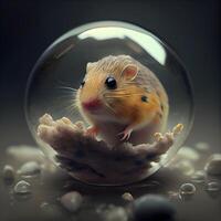 hamster i en glas boll på en mörk bakgrund. 3d tolkning, ai generativ bild foto