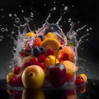 vatten stänk med röd äpplen och persika på svart bakgrund. färsk frukt, ai generativ bild foto