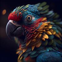 porträtt av en färgrik ara papegoja på en mörk bakgrund, ai generativ bild foto