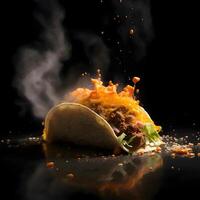tacos med kött och grönsaker på en svart bakgrund med lågor, ai generativ bild foto