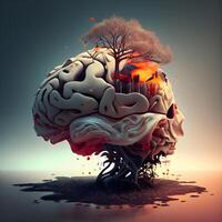konceptuell bild av mänsklig hjärna med brinnande träd istället av hjärna, ai generativ bild foto