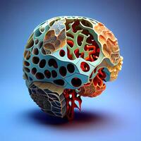 mänsklig hjärna på blå bakgrund. 3d tolkning. dator digital teckning., ai generativ bild foto