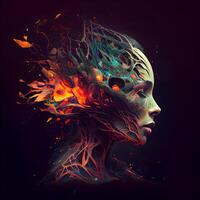 digital illustration av en kvinna ansikte omgiven förbi färgrik brand, ai generativ bild foto
