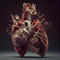 mänsklig hjärta anatomi på en mörk bakgrund. 3d framställa illustration., ai generativ bild foto