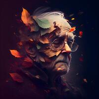 porträtt av ett gammal man med höst löv på hans ansikte., ai generativ bild foto