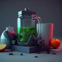 cocktail shaker med bruten glas på mörk bakgrund. 3d illustration, ai generativ bild foto