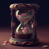 gammal timglas med reste sig kronblad på en mörk trä- bakgrund., ai generativ bild foto
