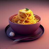 spaghetti carbonara i en vit skål med grädde på en mörk bakgrund, ai generativ bild foto