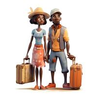3d illustration av en par av turister med ryggsäckar och hattar, ai generativ bild foto