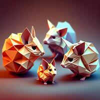 tre origami rävar på en mörk bakgrund. 3d tolkning, ai generativ bild foto