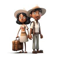 afrikansk amerikan par med bagage och hatt på en vit bakgrund., ai generativ bild foto