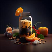 illustration av en glas burk full av orange juice med Ingredienser på mörk bakgrund, ai generativ bild foto