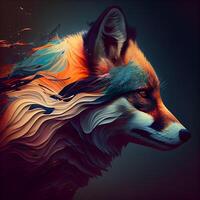 digital målning av en räv huvud med färgrik måla stänk på en mörk bakgrund, ai generativ bild foto