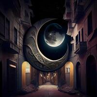 3d tolkning av en måne i ett gammal gata på natt., ai generativ bild foto