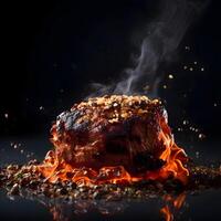 grillad fläsk knoge med vitlök och kryddor på en svart bakgrund, ai generativ bild foto