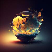 lysande glas boll med höst löv inuti. 3d illustration., ai generativ bild foto