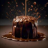 choklad kaka med stänk och droppar av choklad på en mörk bakgrund, ai generativ bild foto