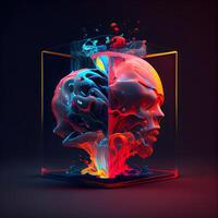 3d illustration av abstrakt mänsklig skalle i en glas låda med färgrik stänk, ai generativ bild foto