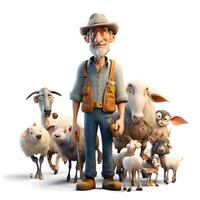 äldre jordbrukare med en besättning av får på en vit bakgrund, ai generativ bild foto